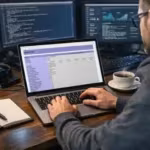 Programista siedzi przy biurku z laptopem, na ekranie otwarta strona phpinfo z tabelą ustawień PHP, obok notatnik i filiżanka kawy. W tle nowoczesne stanowisko pracy sugerujące diagnozowanie błędów serwera i analizę konfiguracji.