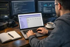 Programista siedzi przy biurku z laptopem, na ekranie otwarta strona phpinfo z tabelą ustawień PHP, obok notatnik i filiżanka kawy. W tle nowoczesne stanowisko pracy sugerujące diagnozowanie błędów serwera i analizę konfiguracji.